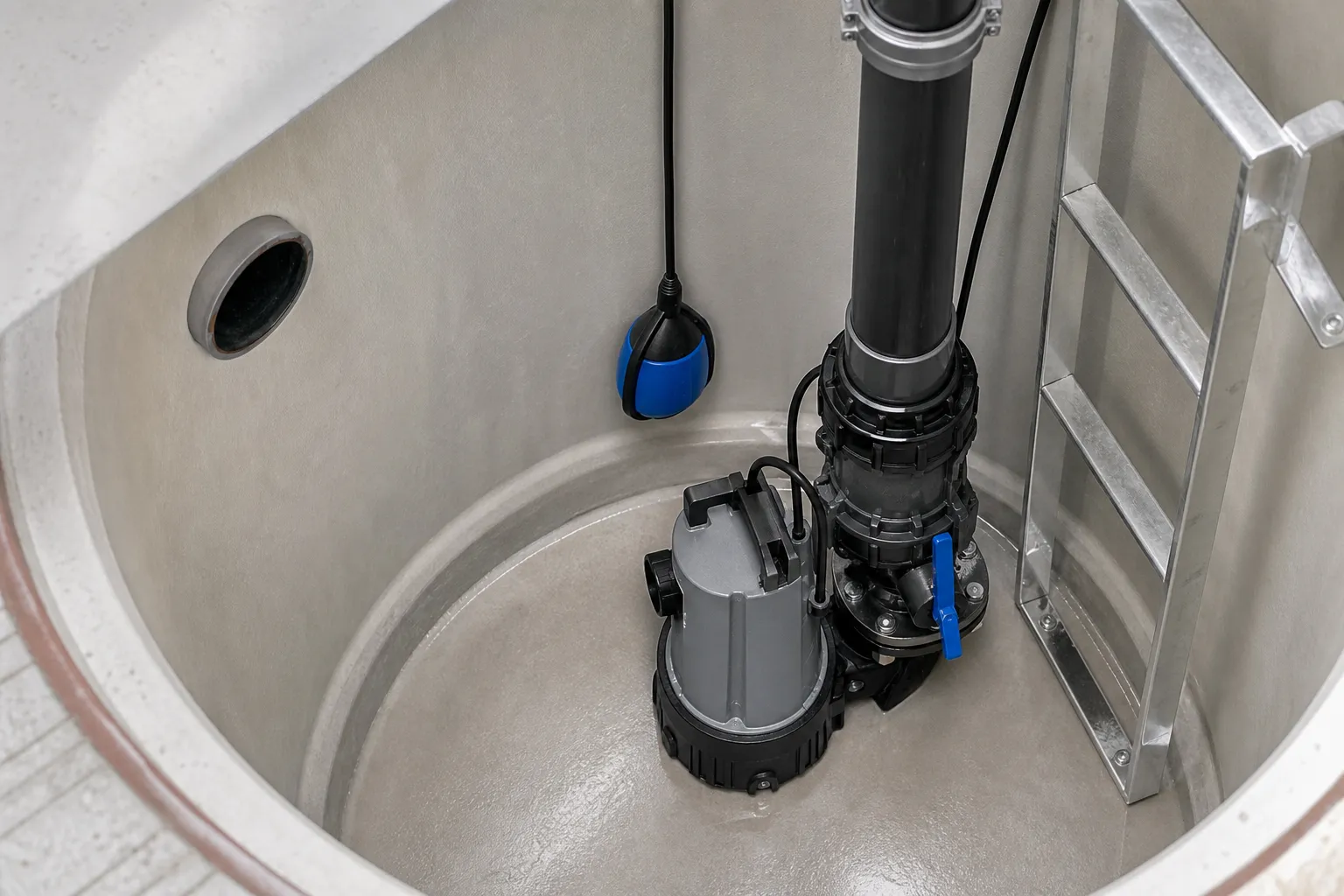 Pompe de relevage et flotteur dans un poste accessible